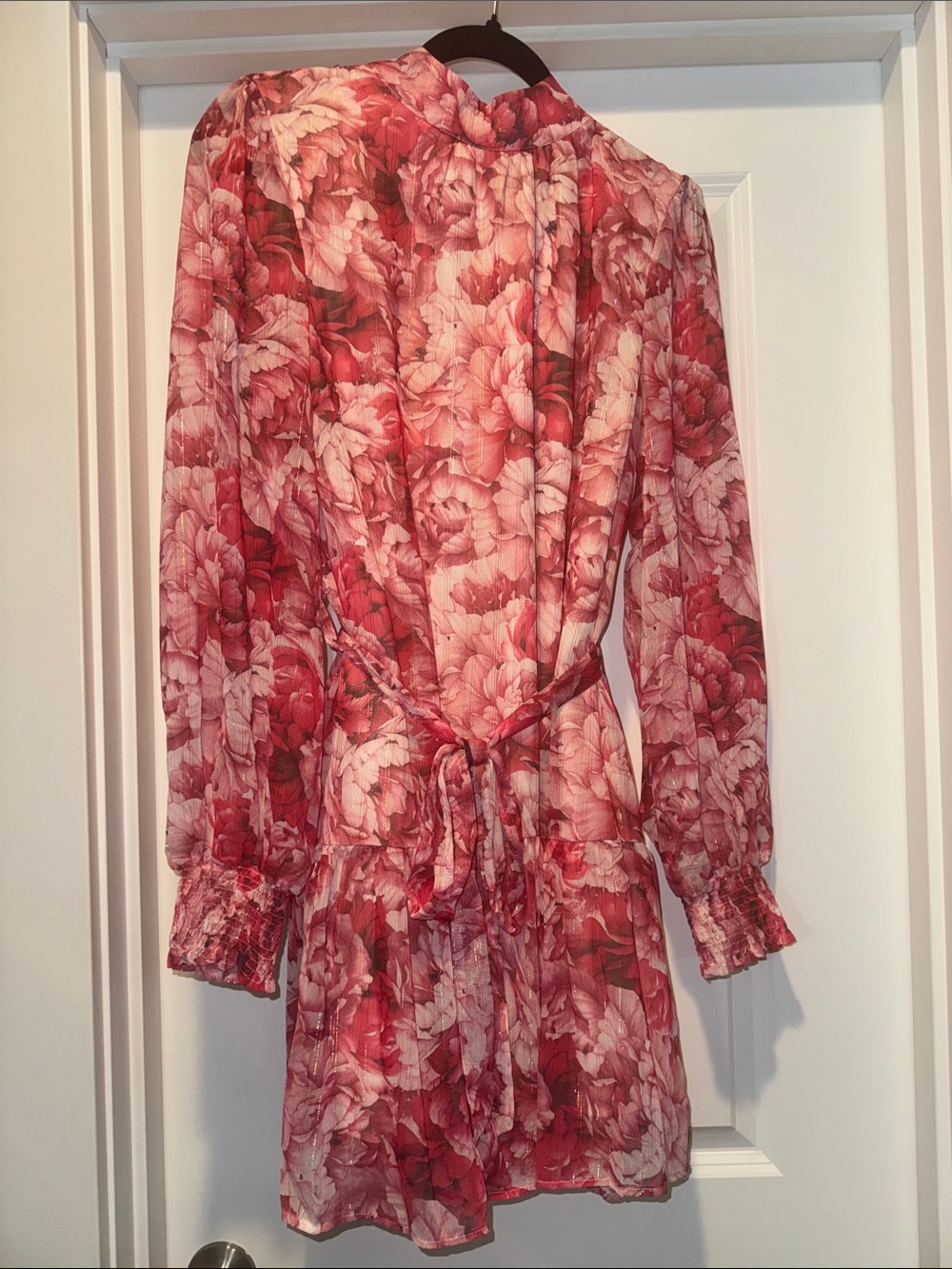 Umgee Rose-Print Long Sleeve Tie Waist Dress - Pink